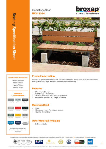 Hemstone Seat Specification Sheet