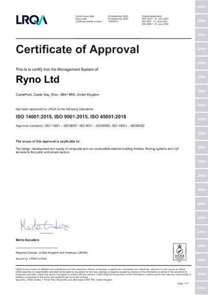 Ryno Ltd ISO 45001:2018 Certification