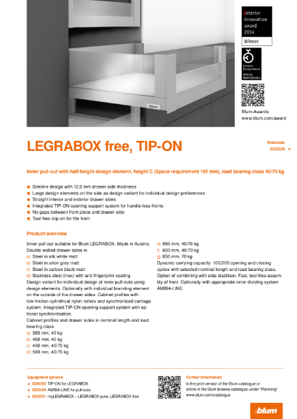 LEGRABOX free TIP-ON C Height Inner Pull-out with Half Height Design Element Specification Text
