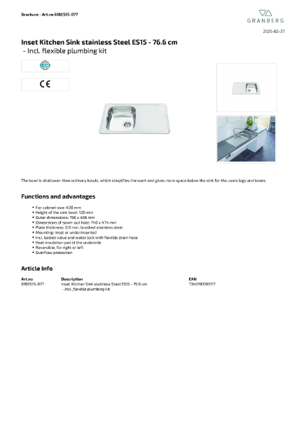 Technical Data Sheet Granberg Sink ES15