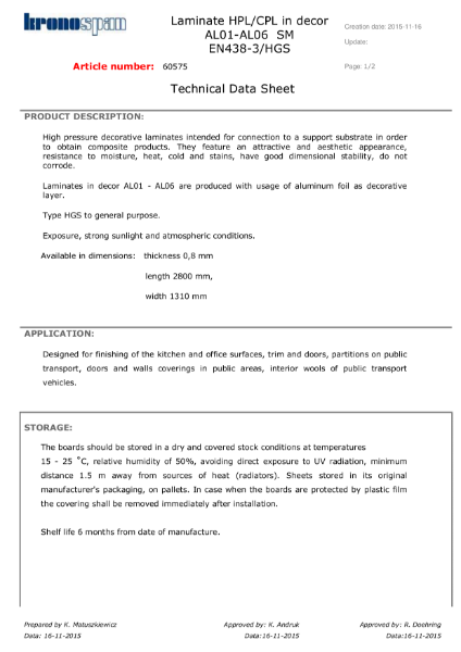 Metals HPL / CPL Technical Datasheet