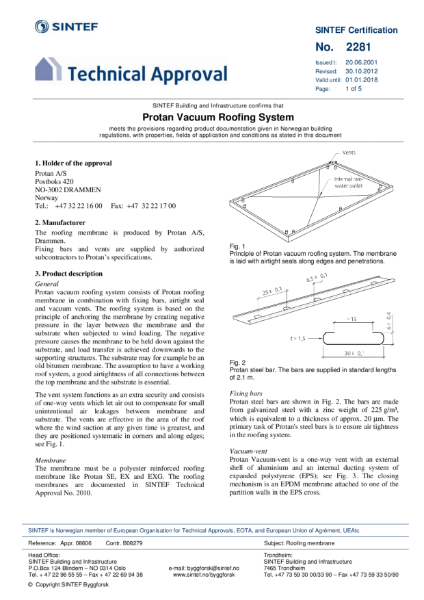 SINTEF Technical Approval 2281 for Protan Vacuum Roofing System