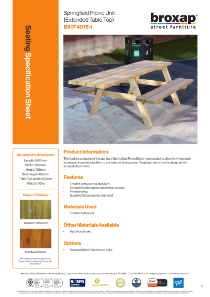 Springfield Picnic Bench (Extended Table Top) Specification Sheet