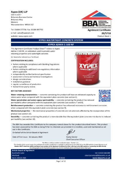 Xypex Admix C-500 NF: Agrément Certificate 20/5718