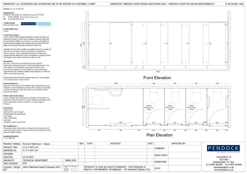 Pendock Washroom - Classic Cubicle & Washroom Systems 5 Cubicle Layout Between Walls