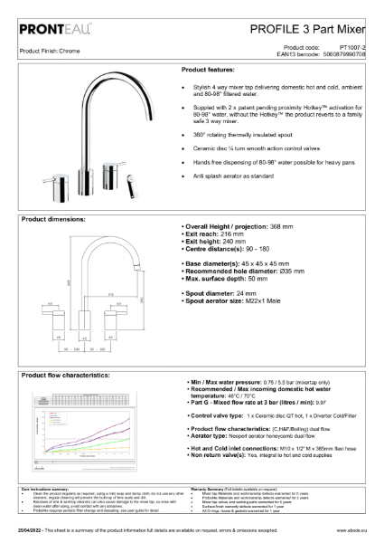 PT1007-2 Pronteau Profile 3 Part (Chrome), 4 IN 1 Steaming Hot Water Tap - Consumer Spec