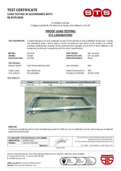 Certification - 75mm I-Plus Rail + Noggin Load Test