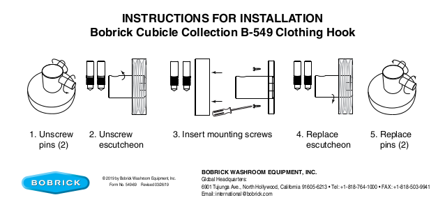 Instructions for Installation - Bobrick Cubicle Collection B-549 Clothing Hook