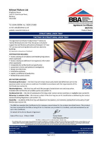BBA Certificate Tactray 90 - 20/5731