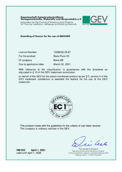 Bona Pure HD - EC1 PLUS - Emicode, GEV license/ certificate