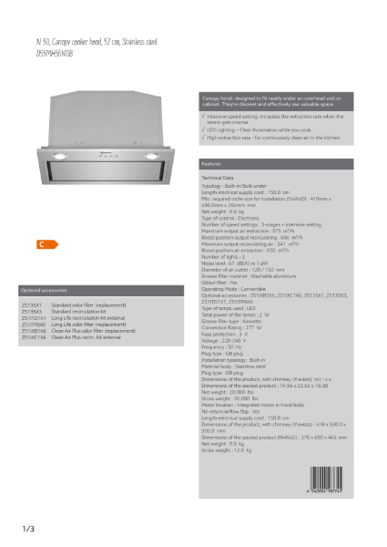 N 50, Canopy cooker hood, 52 cm, Stainless steel
D55MH56N0B