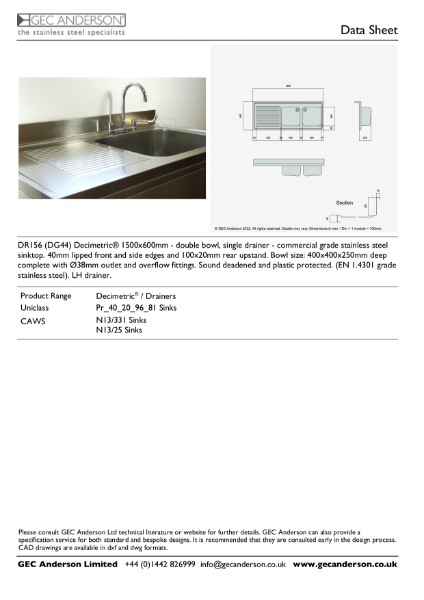 GEC Anderson Data Sheet - DR156 (DG44)L Double Bowl With Drainer