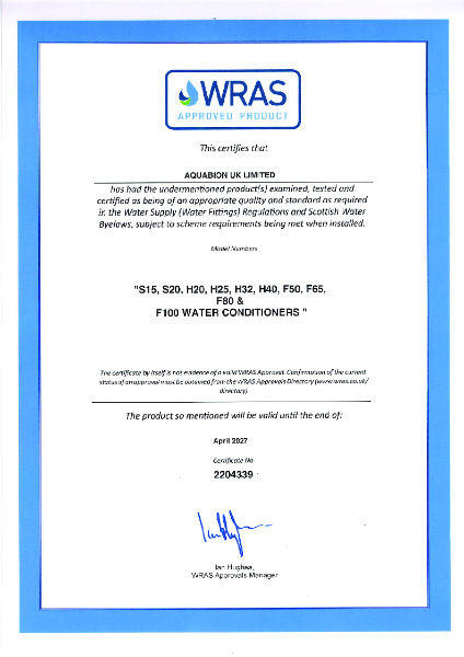 Water Conditioners WRAS Certificate