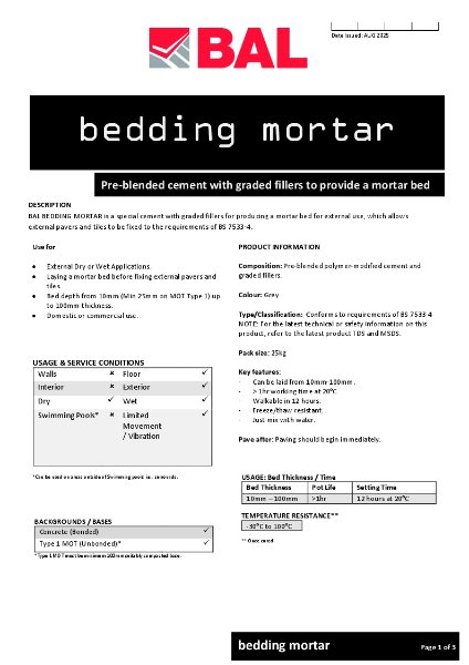 BAL Bedding Mortar - Technical Datasheet