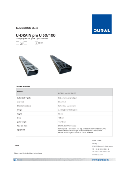 U-DRAIN pro U 50/100 Technical Data Sheet