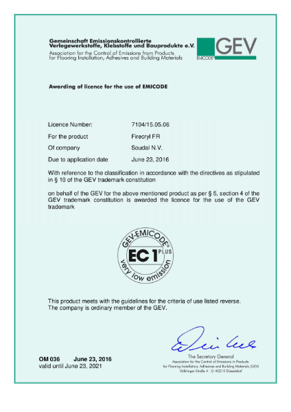 Firecryl FR - EC1R Certificate