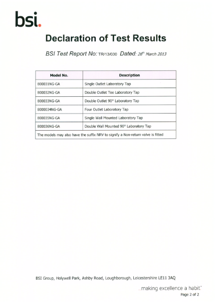 Arboles UK BSI British Gas Laboratory Gas Taps Certification Pg 2