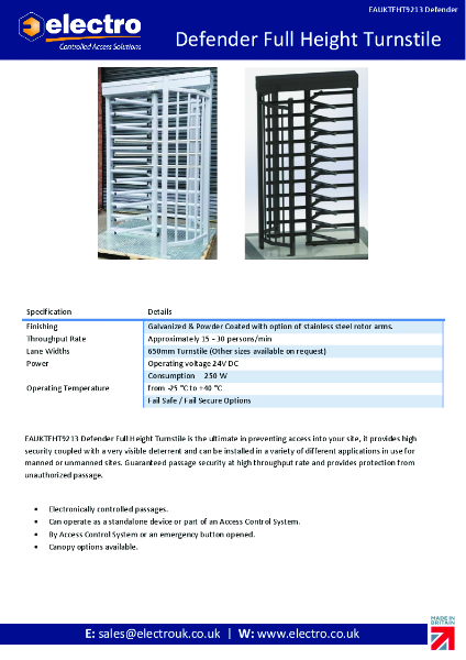 Turnstiles Full Height Defender - Data Sheet