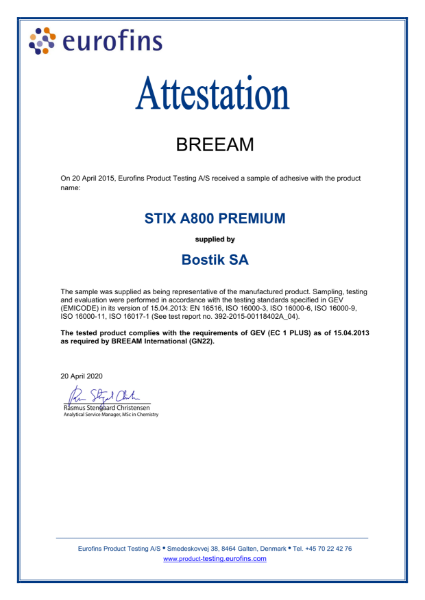 Bostik Stix A800 Premium BREEAM Attestation