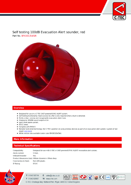 Datasheet for C-TEC's BF430C/EA/SR Self-Testing 100dB Evacuation Alert Sounder,