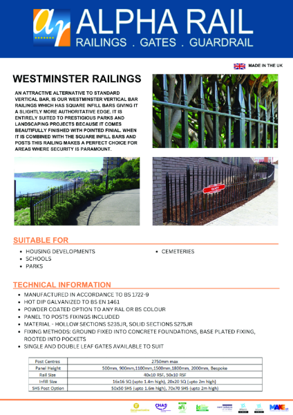 Westminster Railing Data Sheet