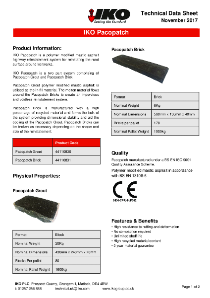 Technical Data Sheet (TDS) - IKO Pacopatch Grout & Brick