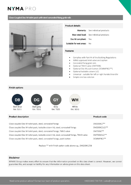 NymaPRO Close coupled Doc M toilet pack with steel concealed fixing grab rails