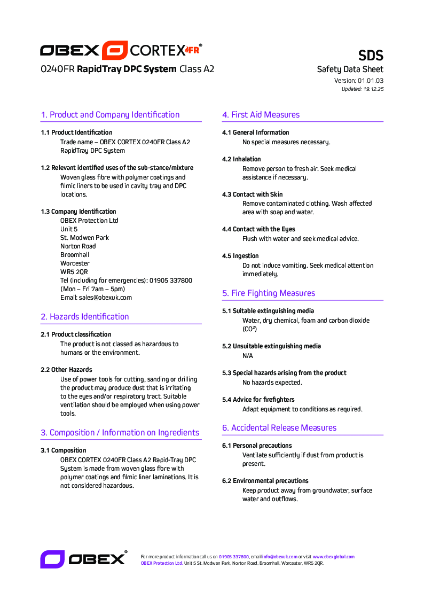 OBEX CORTEX 0240FR RapidTray DPC System_SDS
