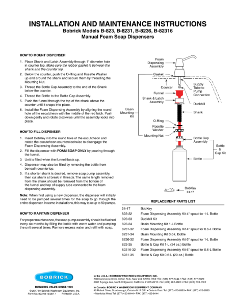 Installation and Maintenance Instruction -  Bobrick Models B-823, B-8231, B-8236, B-82316 Manual Foam Soap Dispensers
