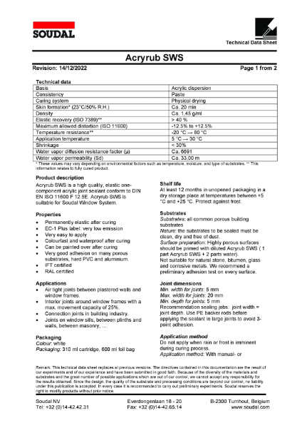 Technical Data Sheet - Acryrub SWS