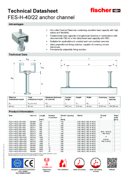 FES-H-50/30 anchor channel Technical Datasheet
