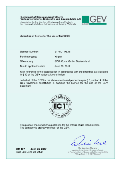 EMICODE certificate SIGA Wigluv