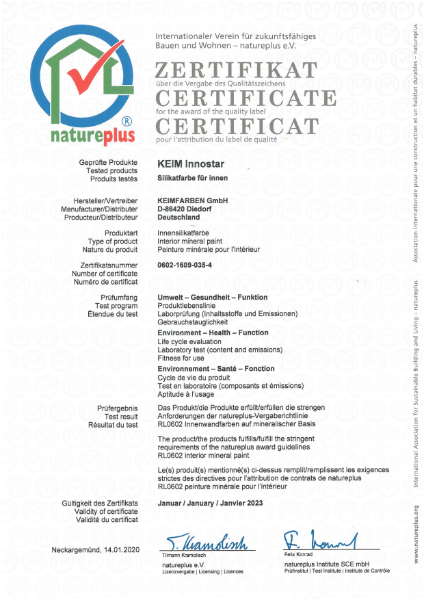 Keim Innostar NaturePlus Certificate