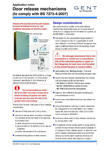 Honeywell Gent Door Release Mechanisms for BS7273-4: 2007 Compliance Application Note for S4-3440-02 and S4-34440-12 interface units