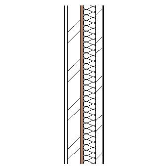 Aluminium cassette panels with metal frame, weather barrier, particleboard insulation, steel frame and plasterboard lining