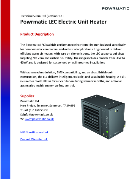 Powrmatic LEC Electric Unit Heater Technical Specification 1.1