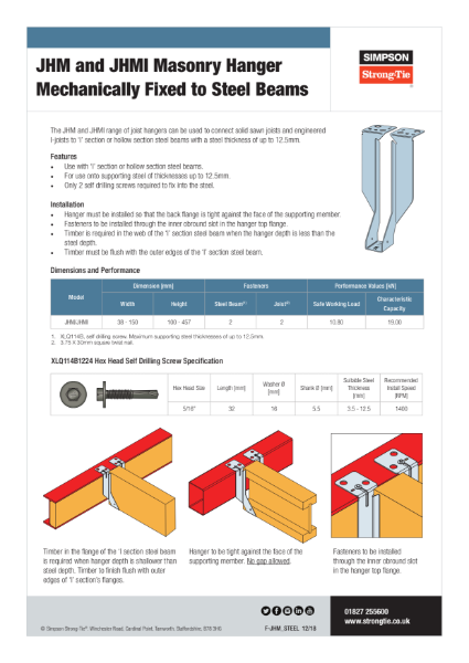 JHM and JHMI Masonry Hanger Mechanically Fixed to Steel Beams