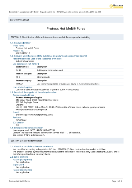 Safety Datasheet - Proteus Hot Melt® Force