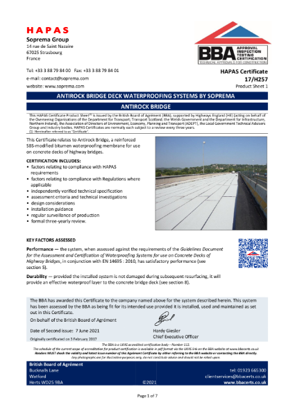 Antirock Trafficked Deck Waterproofing System - A polyester reinforced modified bitumen membrane for use as a protected waterproofing system overlaid with a suitable wearing course on trafficked decks.