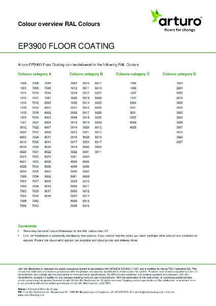 Arturo High-build Resin Floor and Internal Car Park Colour Chart