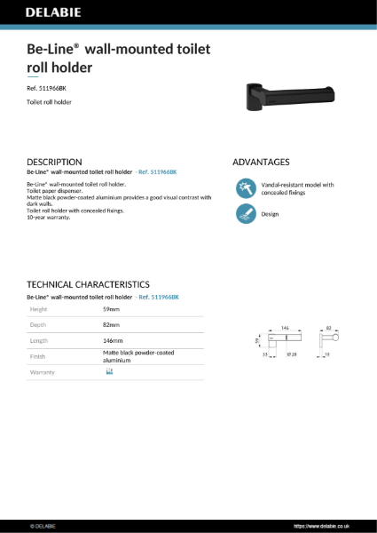Be-Line® Toilet Roll Holder - Matte Black Product Data Sheet