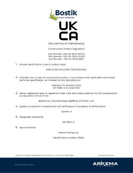 Bostik S41 UKCA Declaration of Performance | Bostik Ltd | NBS Source