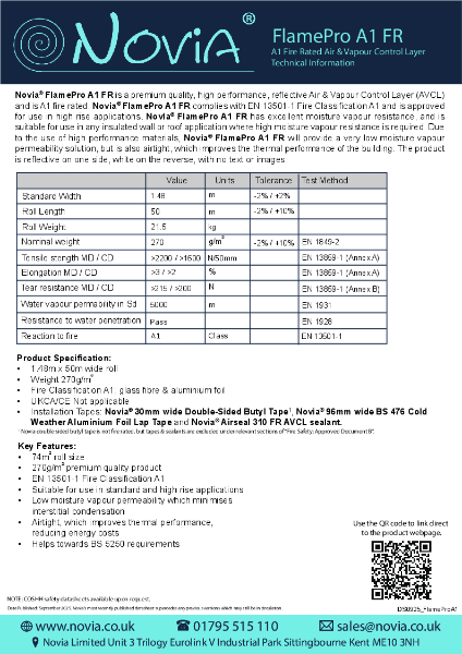Novia FlamePro A1 FR Fire Rated Air & Vapour Control Layer technical information