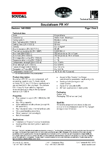 Soudafoam FR HY Technical Data Sheet TDS
