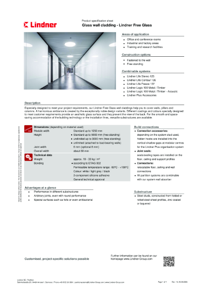 Lindner Free Glass - Data sheet