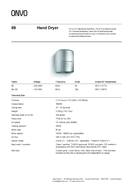 89 Hand Dryer Product Datasheet