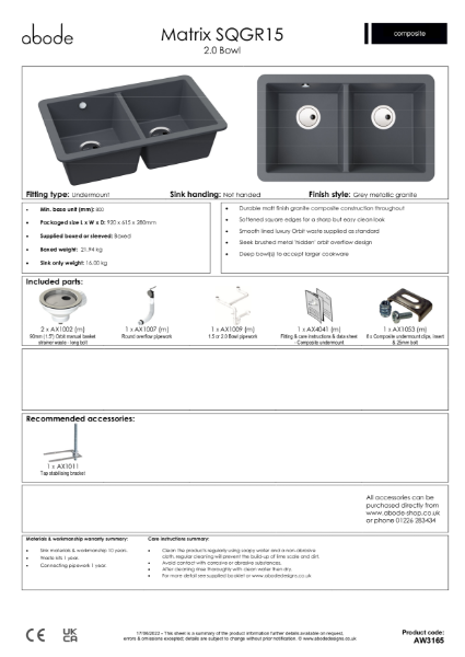 AW3165 (Grey Metallic Granite. 2.0 Bowl, No Drainer) - Consumer Specification