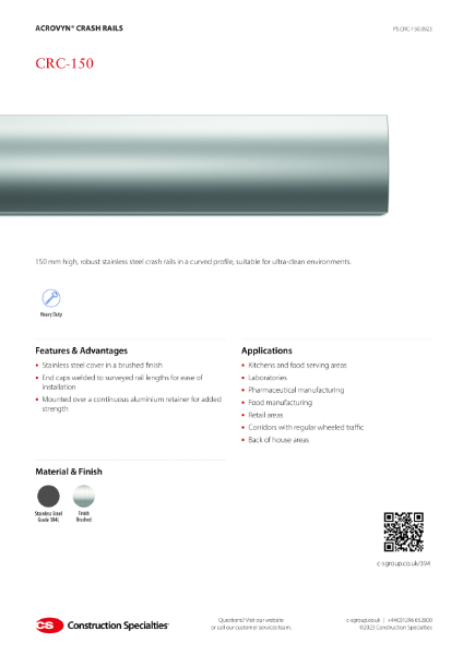 CS Acrovyn CRC-150 Stainless Steel Crash Rails_Product Sheet (09.23)