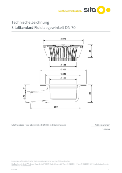 DN70 SitaStandard Fluid Angled Roof Outlet - Technical Drawing