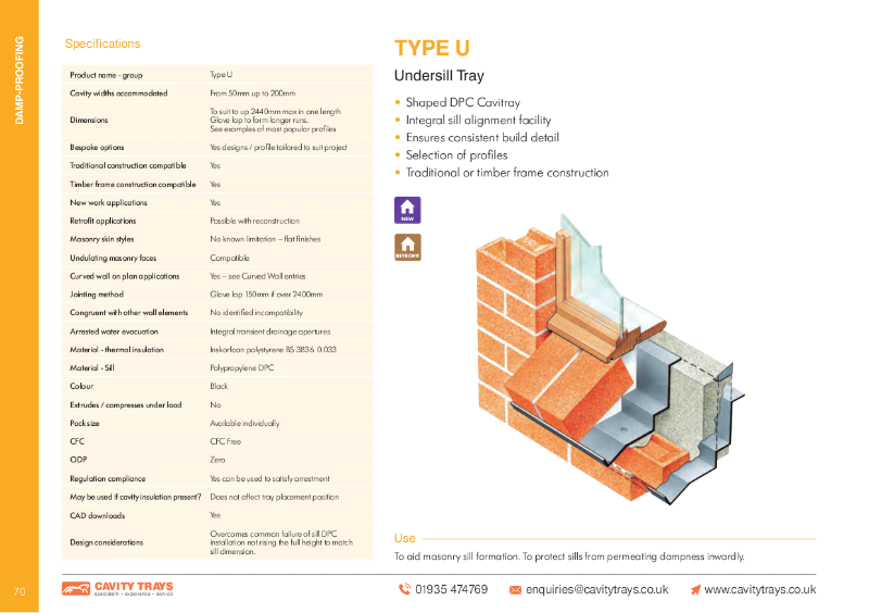 Type U Undersill preformed cavity tray tile and brick sill dpc